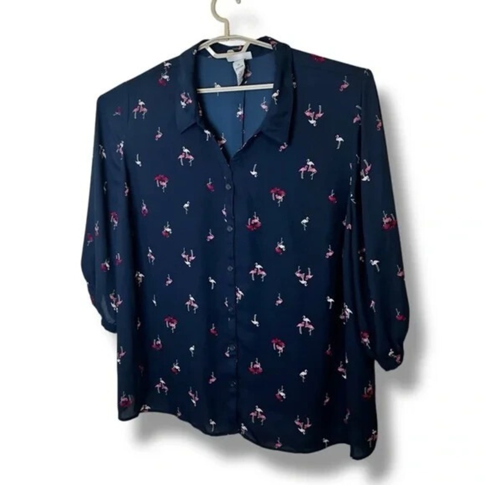 Catherines Navy‎ Blue Flamingo Print Button Down Blouse 26 28